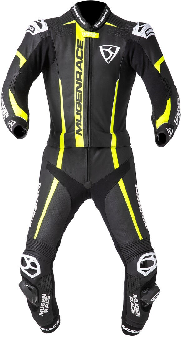 MUGENRACE Mucho Two Piece Motorcycle Leather Suit black/white/neon-yellow 54 Figure 1