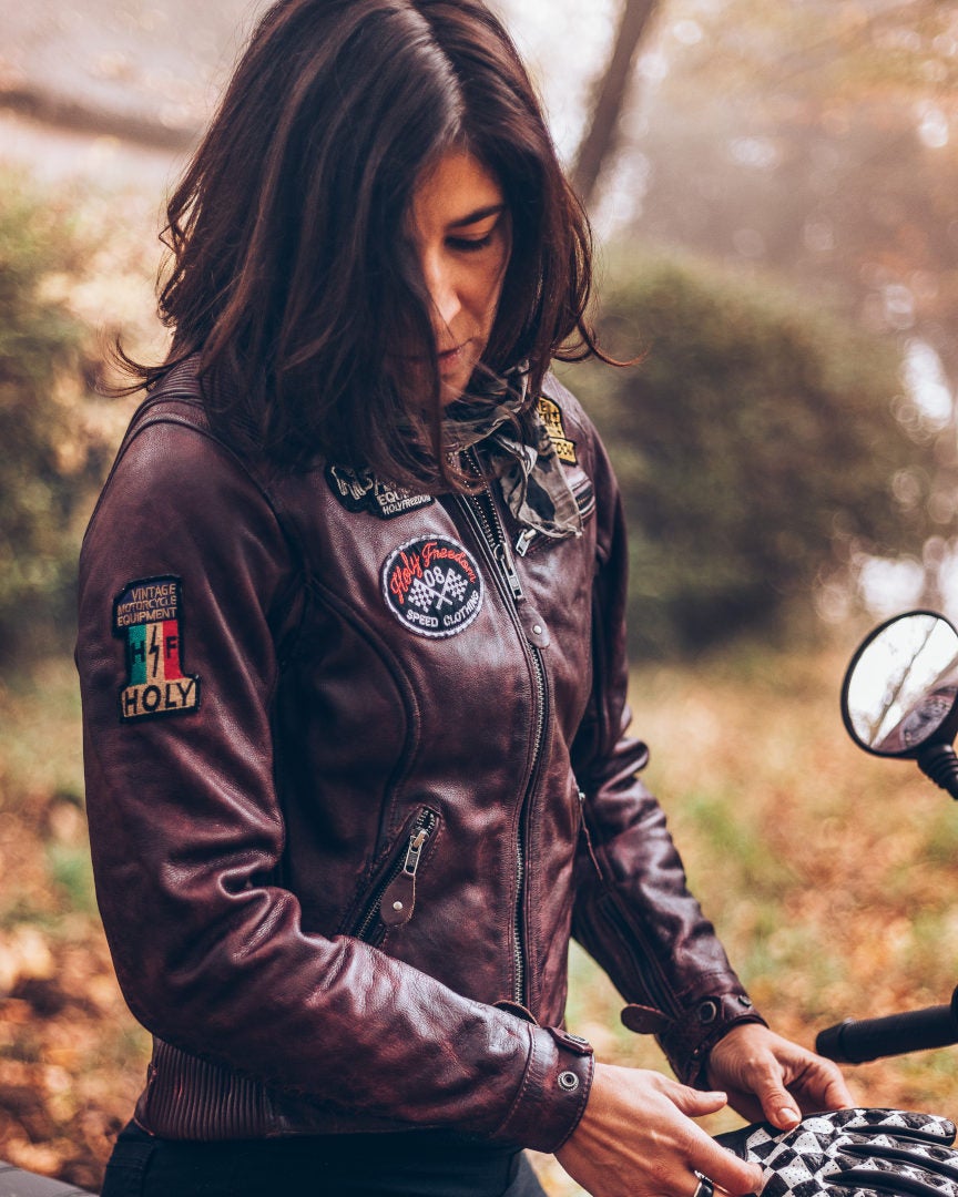 HolyFreedom Zero Dames Motorfiets Lederen Jas Bordeauxrood S Figuur 11