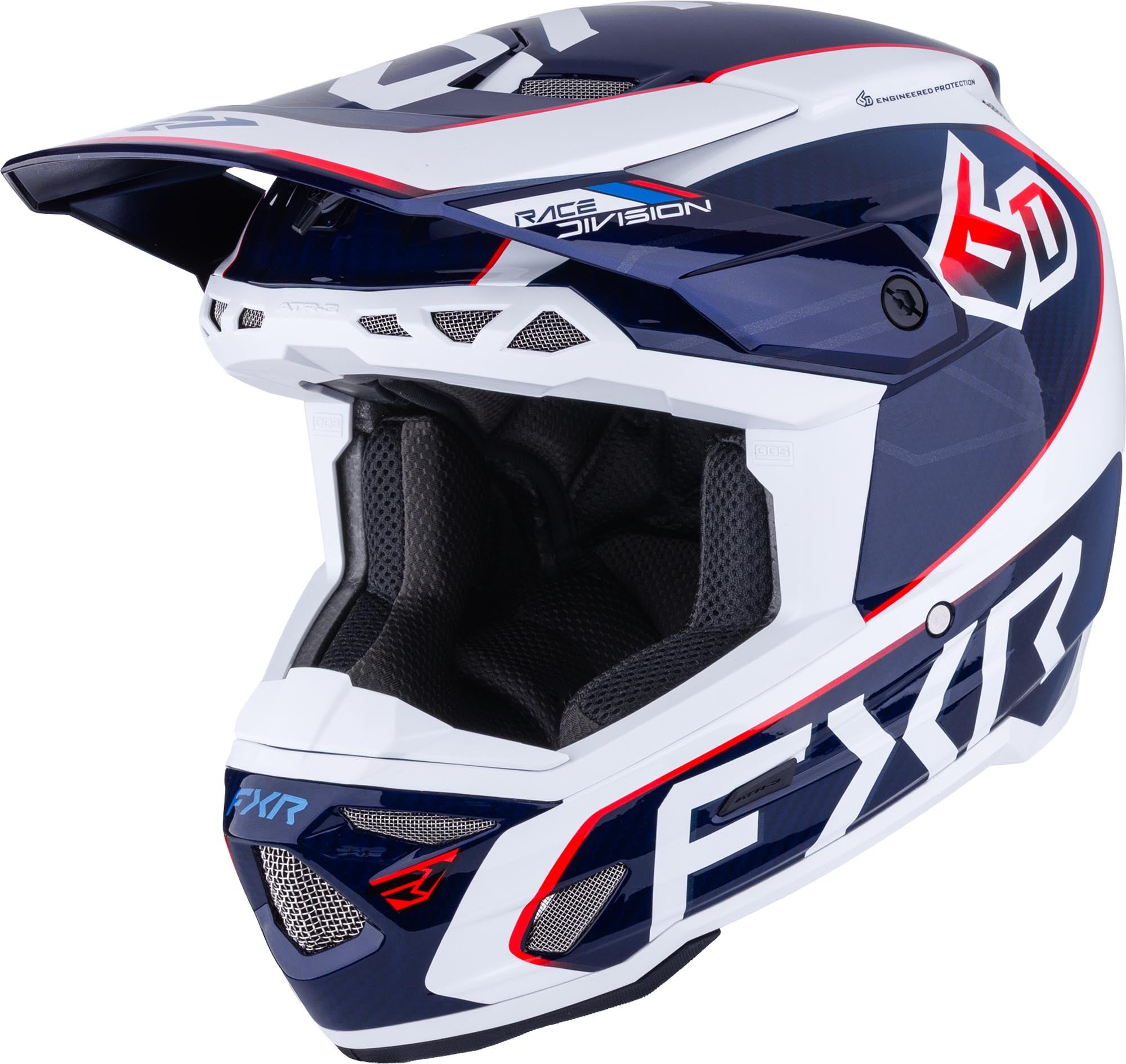 FXR 6D ATR-3 FIM Carbon Casco de motocross blanco/rojo/azul M Figura 1