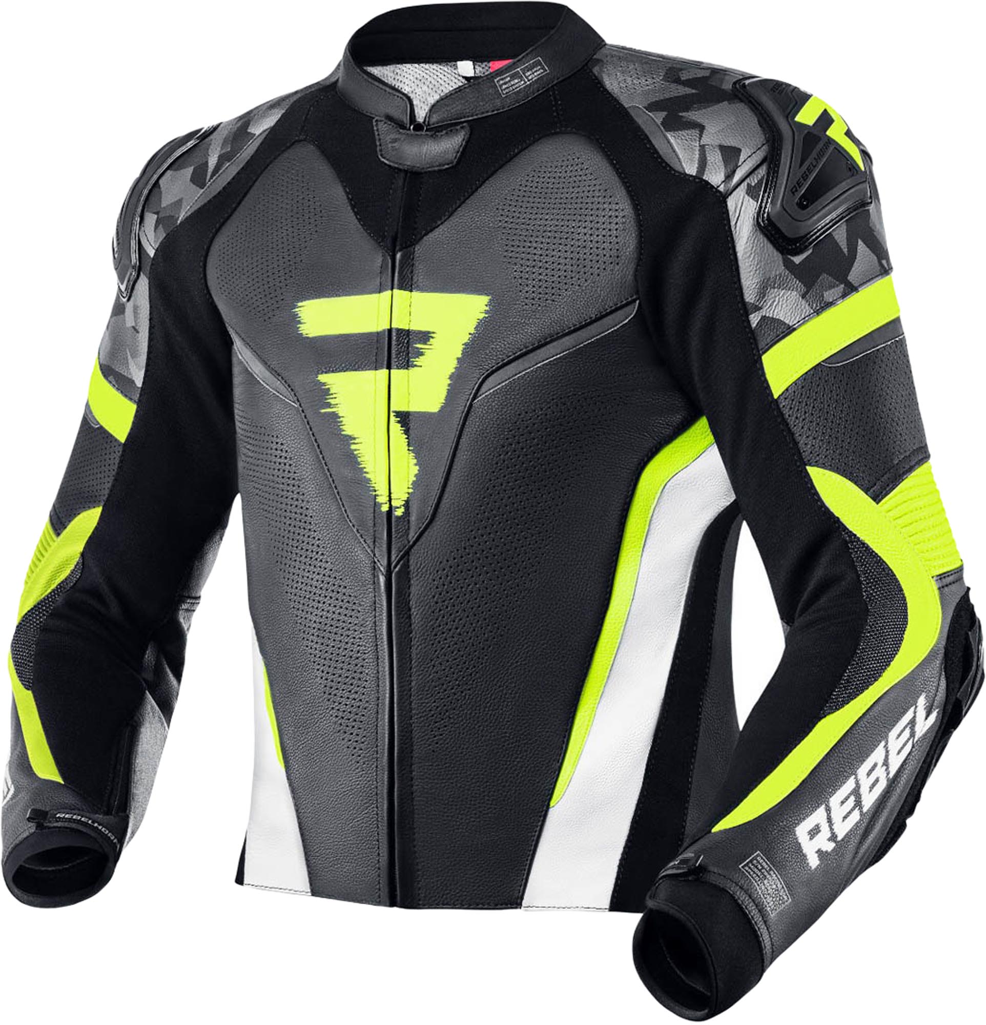 Rebelhorn Rebel Motorcykelskinnjacka svart/vit/gul 46 Figur 1
