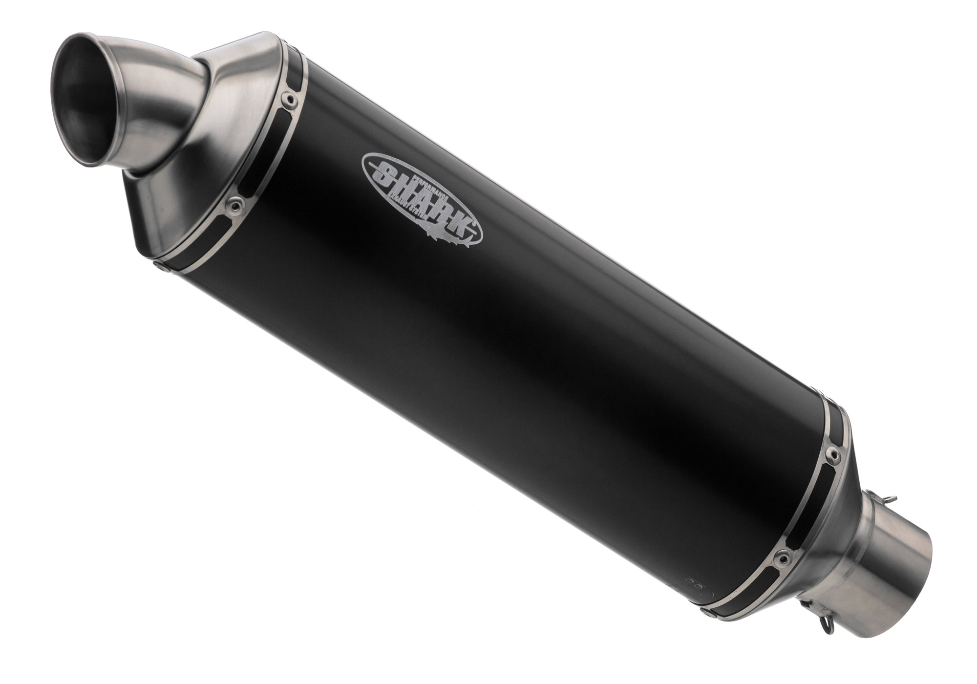 SHARK EXHAUST Trophy eloxed aluminium / ändlock borstat rostfritt stål svart Figur 1