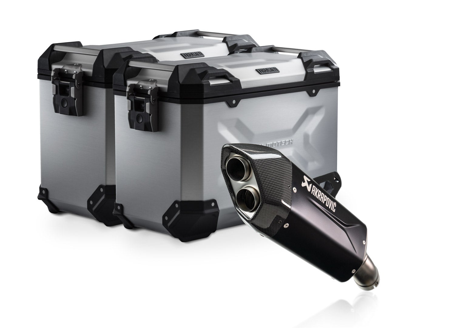 SW-Motech TRAX ADV aluminium case system + Akrapovic - Silver. 45/45 l. BMW R 1300 GS (23-). Figure 1