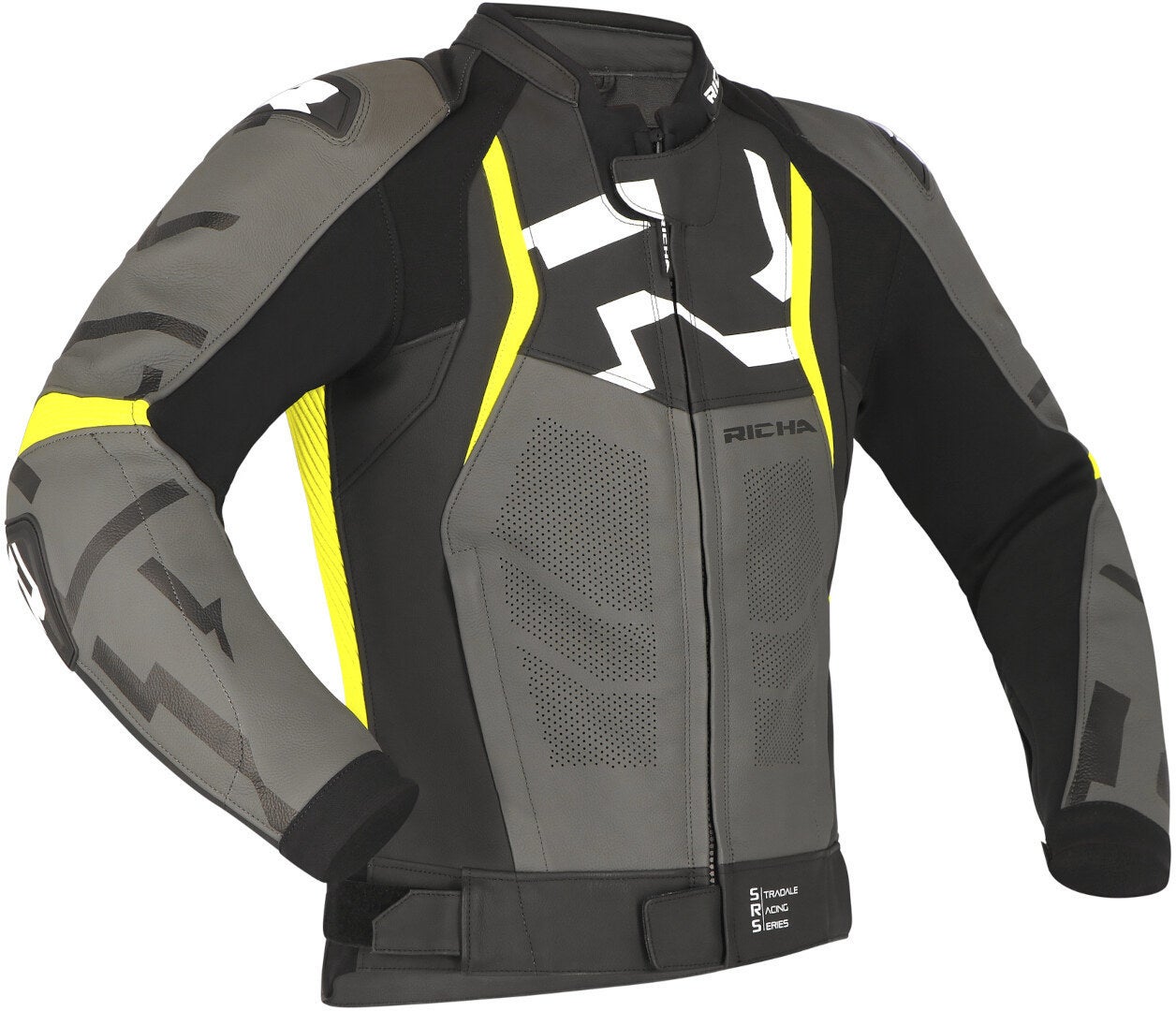 Richa Stradale perforated Motorcycle Leather Jacket grey/black/yellow 48 Figure 1