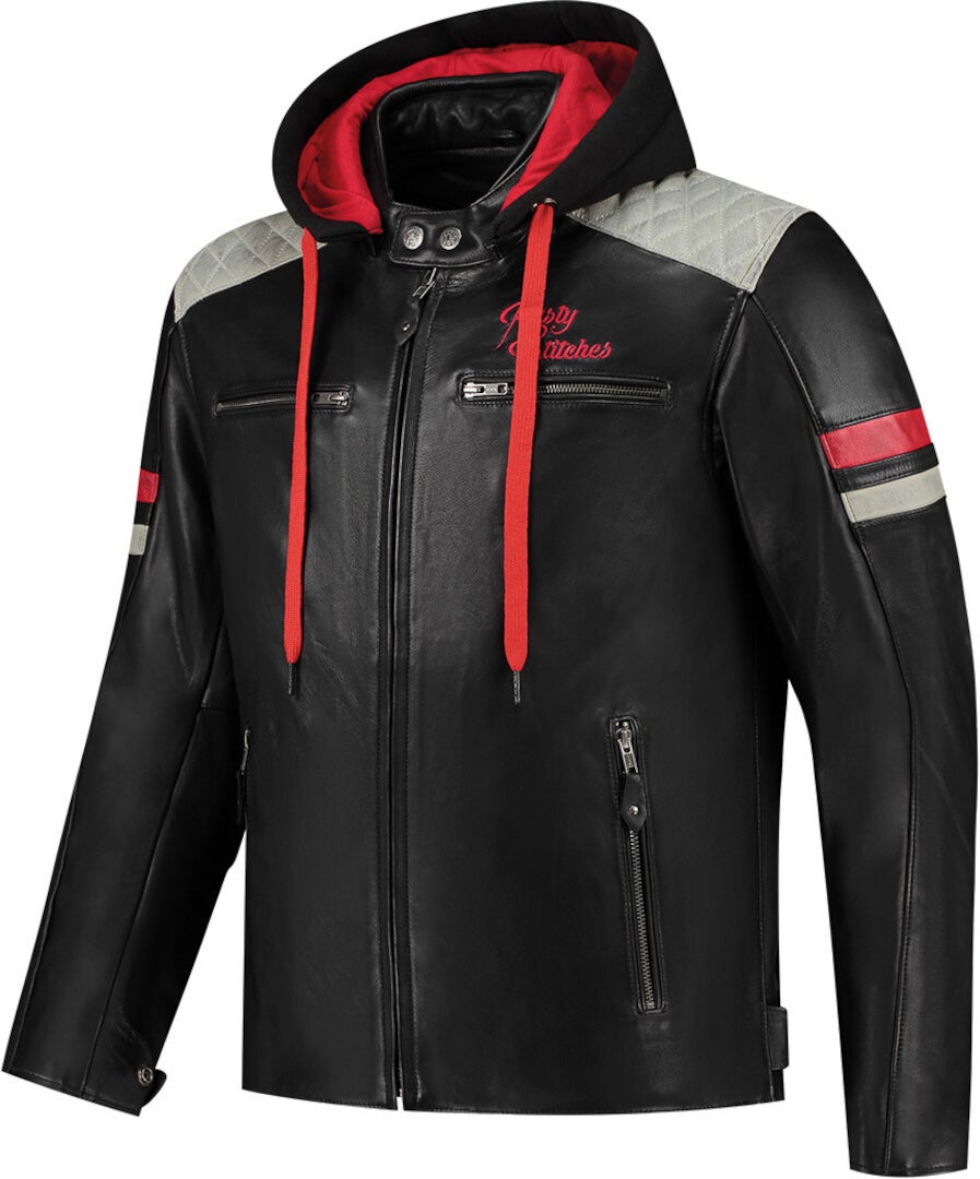 Rusty Stitches Jari Hooded V2 Motorcycle Leather Jacket black/grey/red 3XL Figure 1