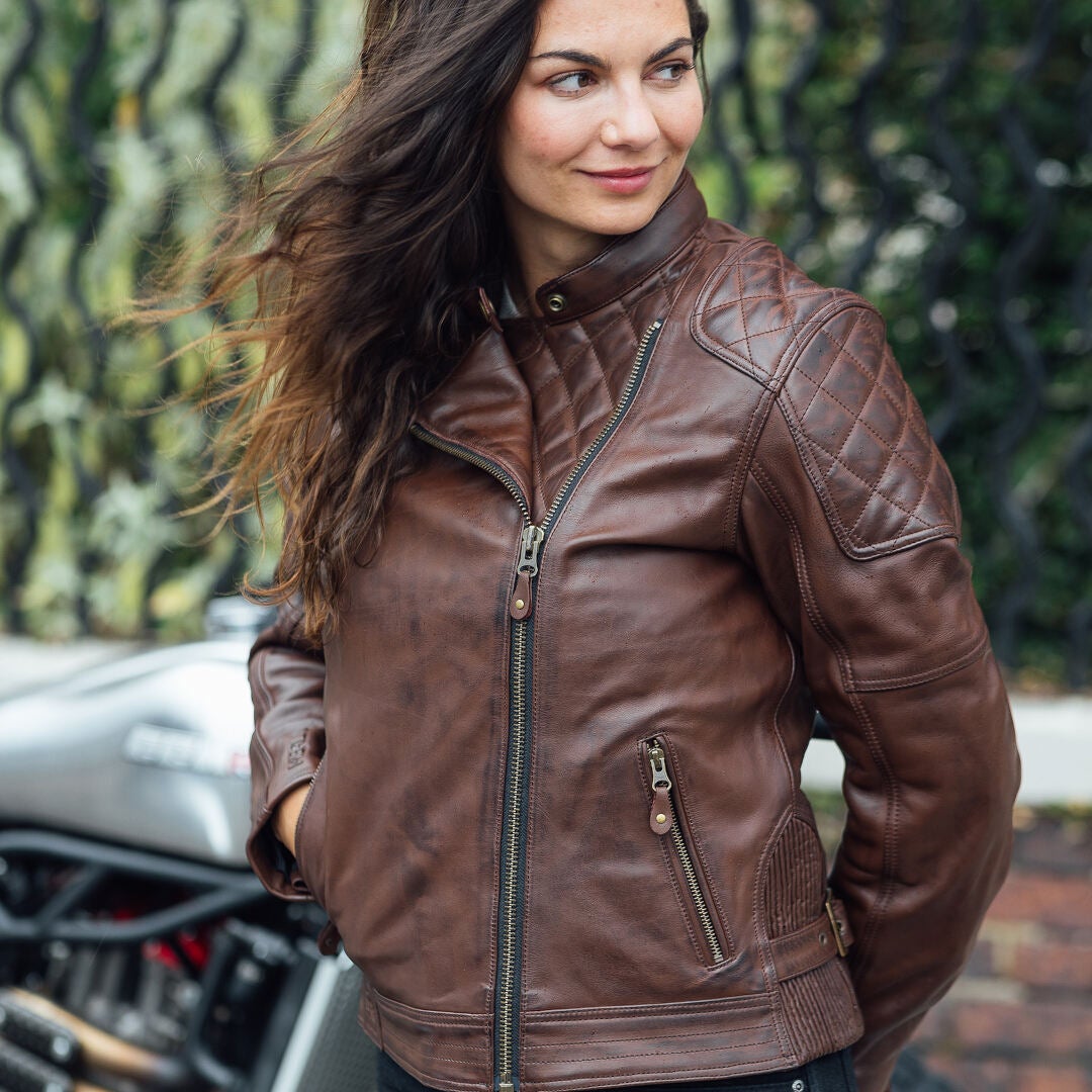 Side view of Merlin Bristol D3O Cafe Ladies Motorcycle Leather Jacket
