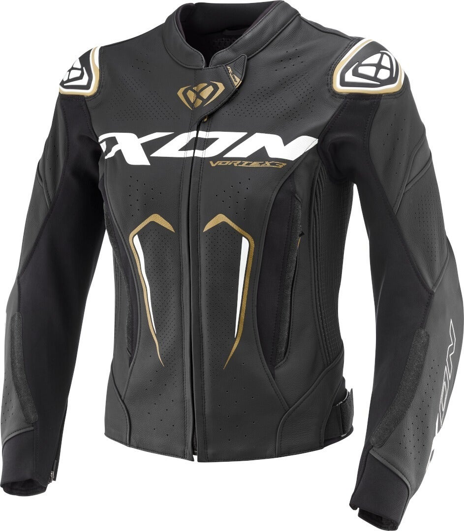 Ixon Vortex 3 Damen Motorrad Lederjacke schwarz/weiß/gold XL Abbildung 1