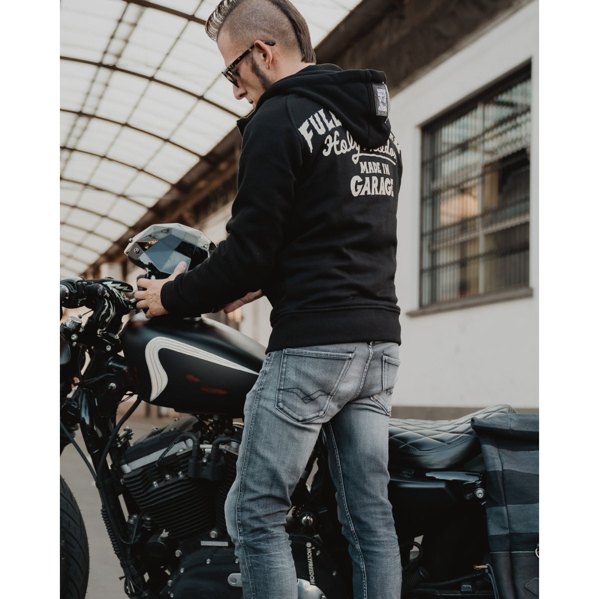 Side view of HolyFreedom Japan Dream Motorcycle Zip Hoodie