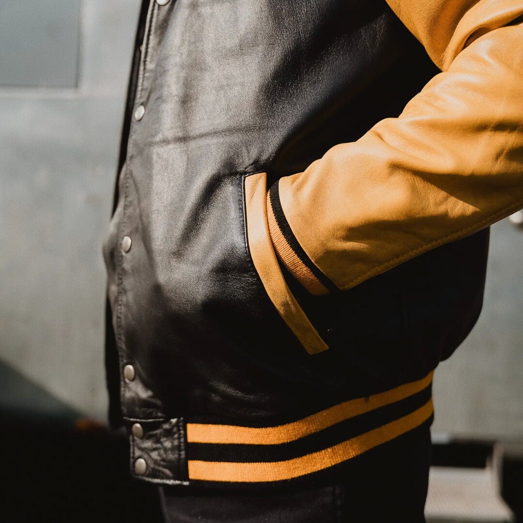 HolyFreedom Varsity College Leather Jacket black/yellow M Figure 5