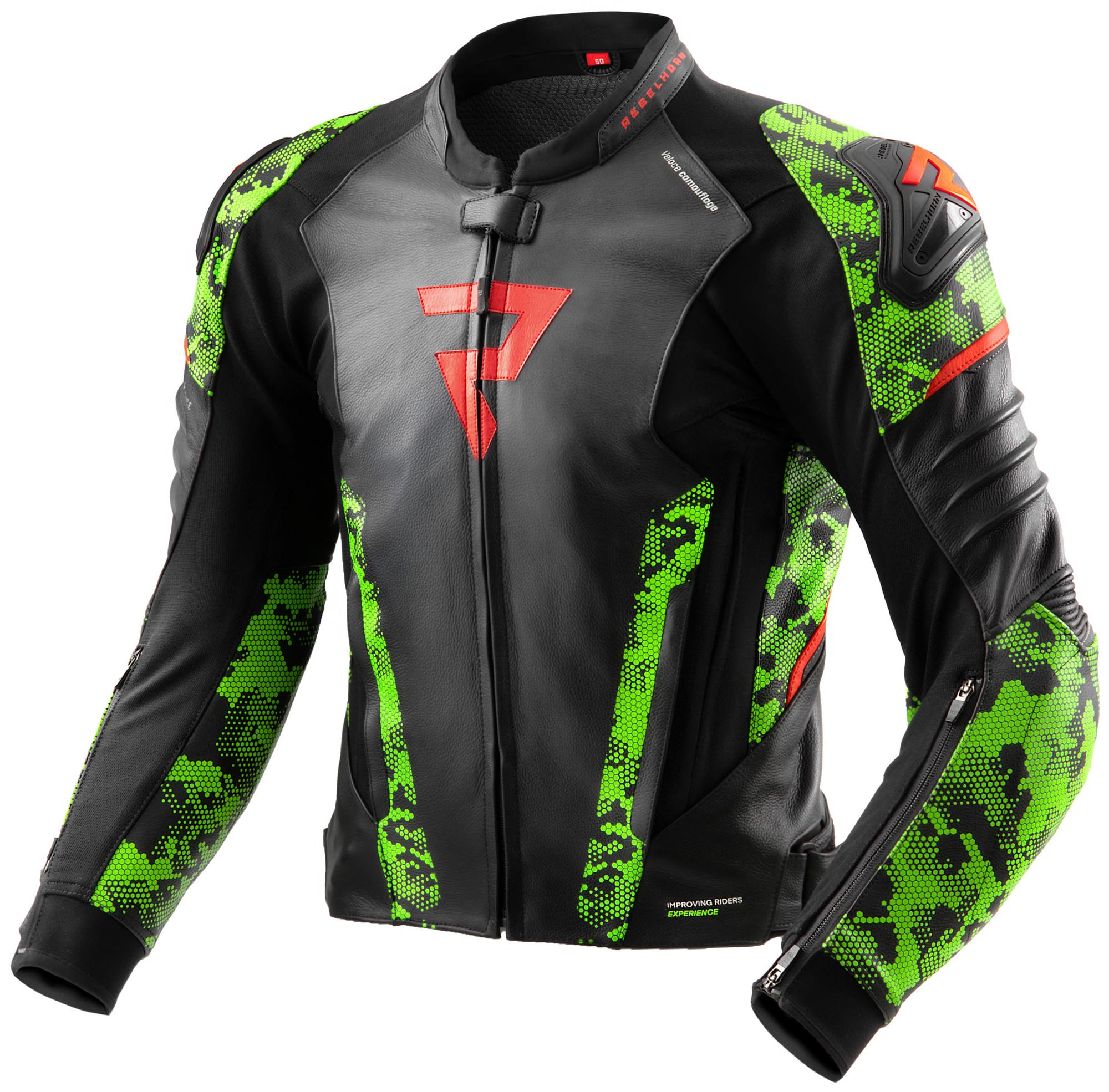 Rebelhorn Veloce Camo Motorcycle Leather Jacket black/green/red 50 Figure 1