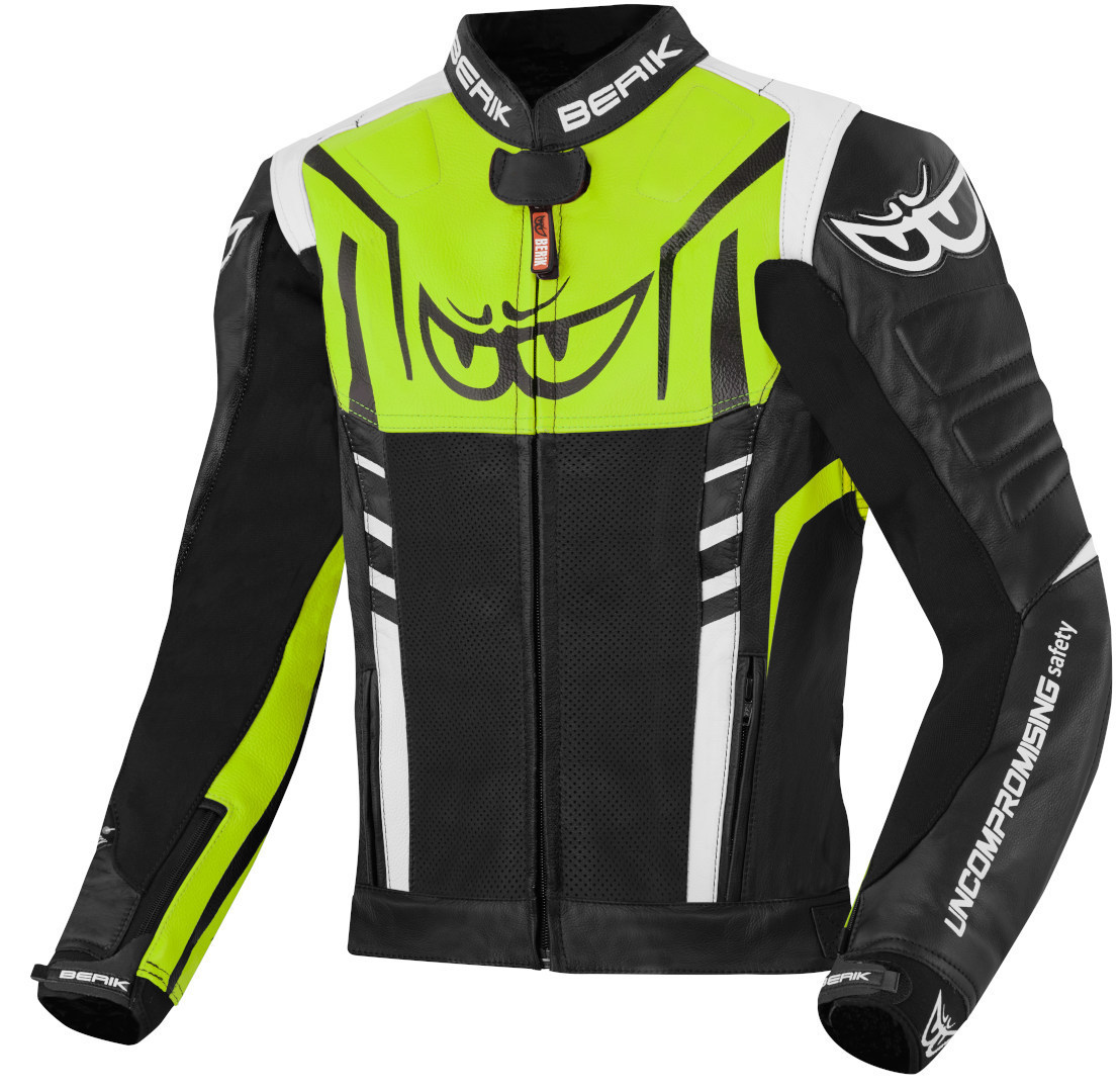 Berik Striper Motorcycle Leather Jacket black/white/neon-yellow 54 Figure 1
