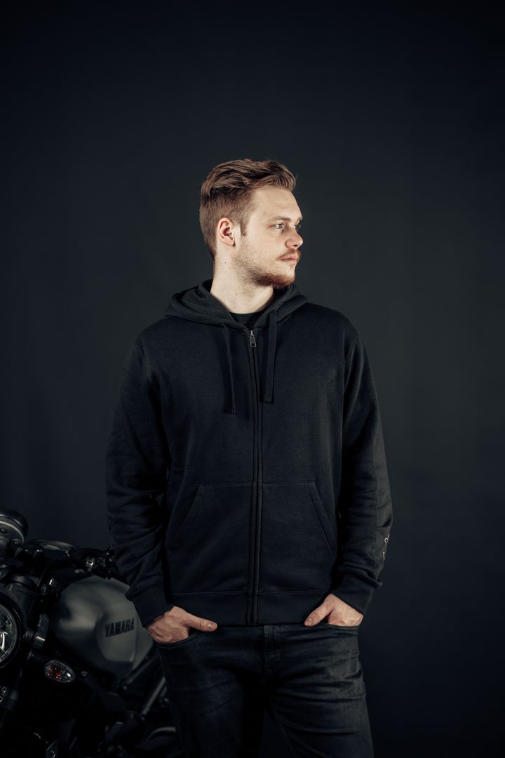 Side view of Black-Cafe London Retro Stripe Zip Hoodie