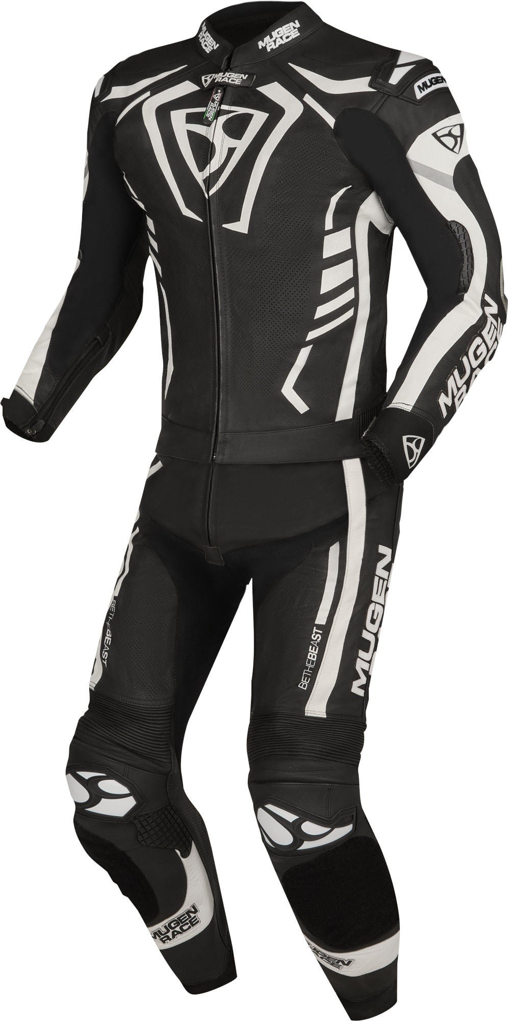 Side view of MUGENRACE Predator perforated Two Piece Motorcycle Leather Suit