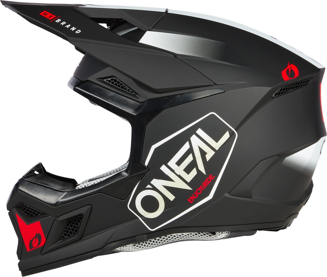 Side view of Oneal 3SRS Hexx Black/White/Red Motocross Helmet