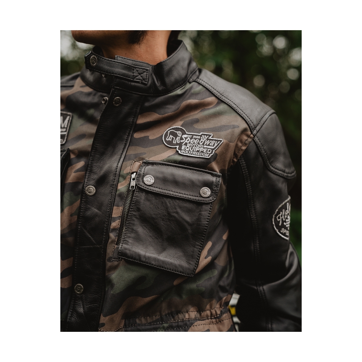 Side view of HolyFreedom Quattro Camo Motorcycle Leather/Textile Jacket