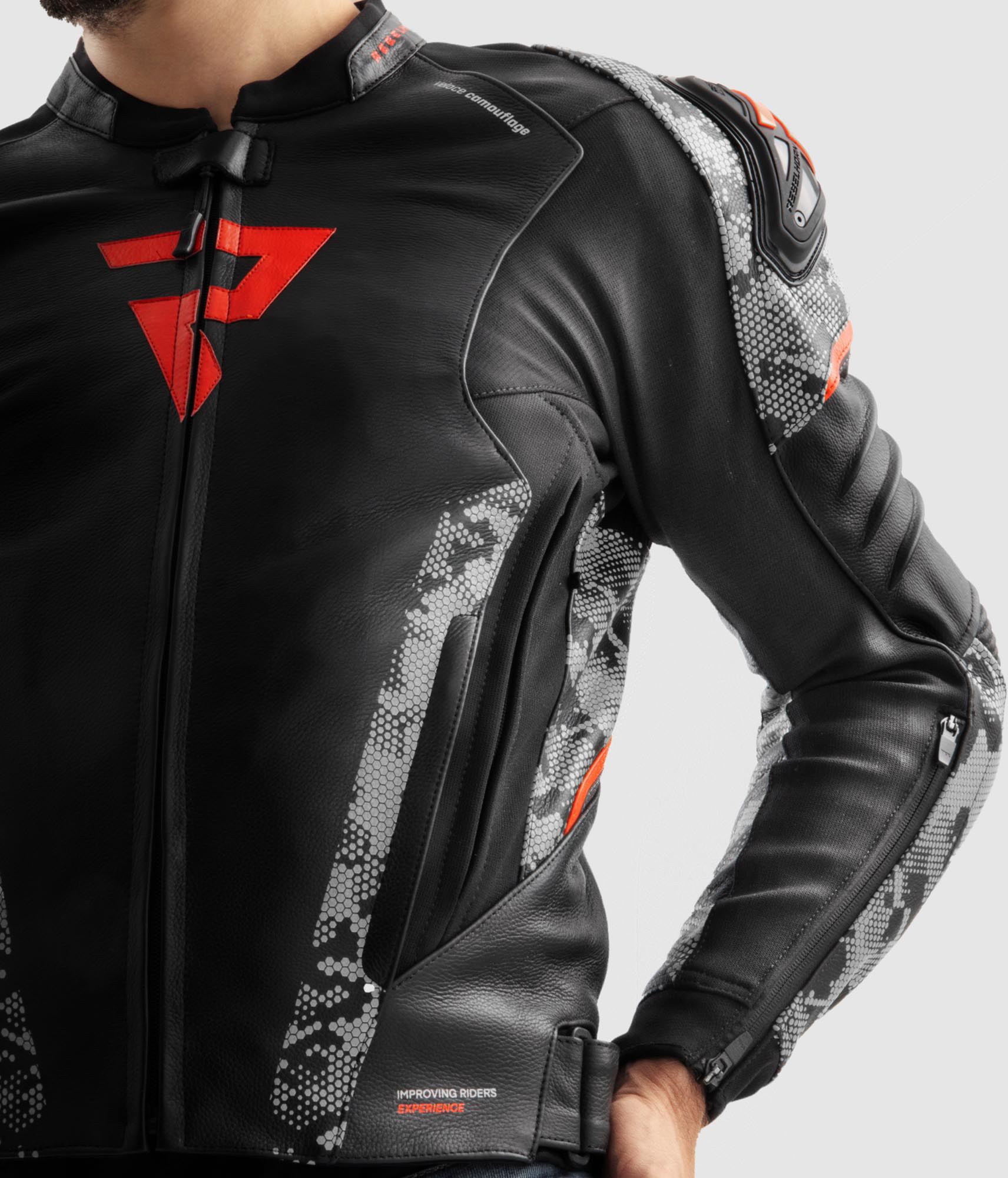 Rebelhorn Veloce Camo Motorcycle Leather Jacket black/grey/red 58 Figure 9