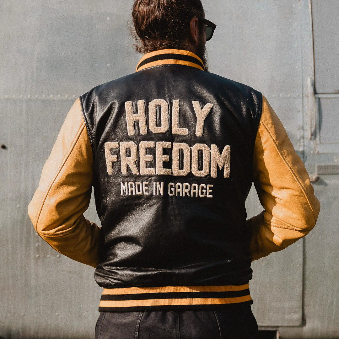HolyFreedom Varsity College Leather Jacket black/yellow M Figure 6
