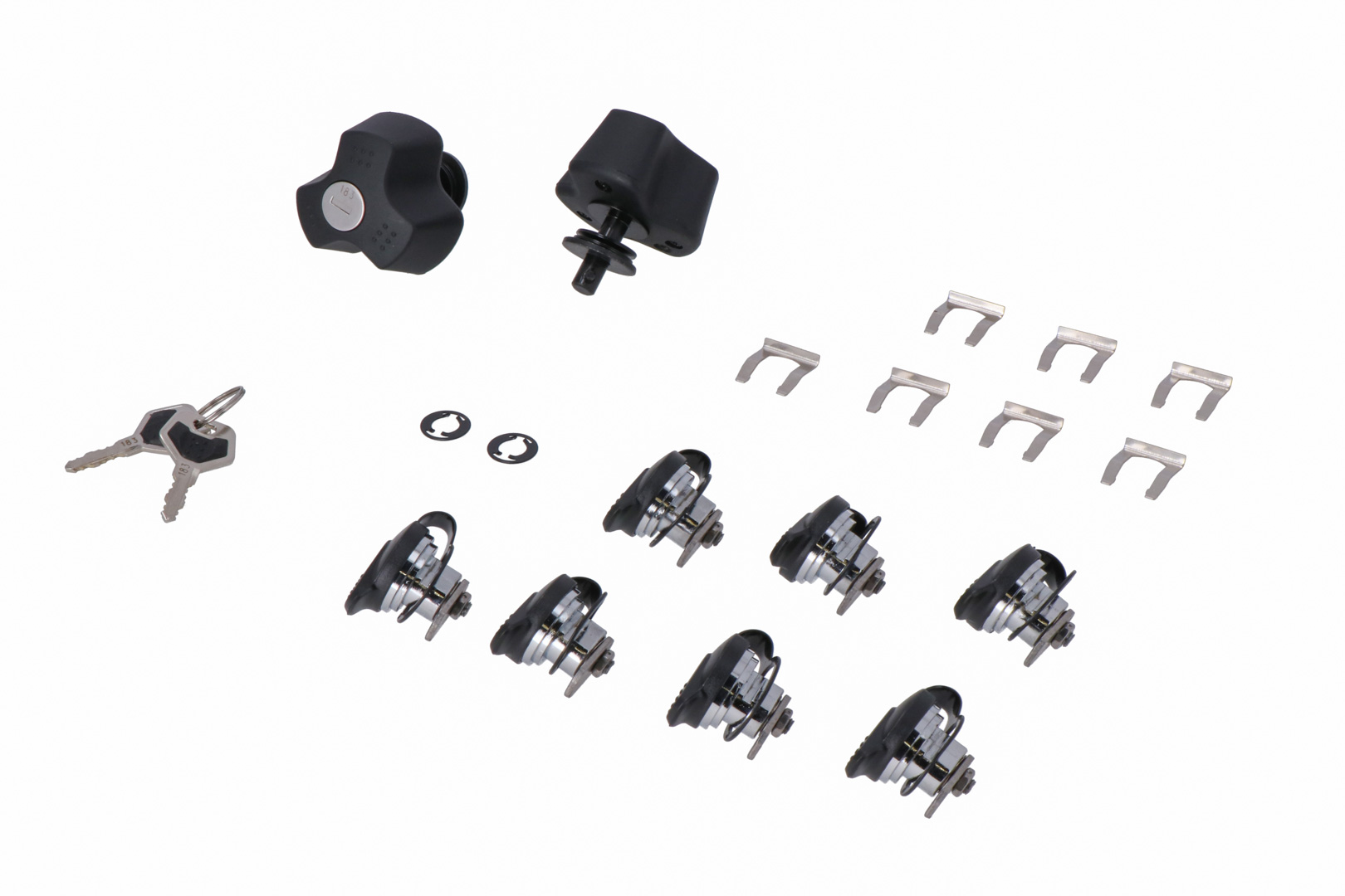 Set de încuietori SW-Motech TRAX cu protecție antifurt PRO - 9 încuietori asortate, 2 chei. Protecție antifurt. Figura 1 Set de încuietori SW-Motech TRAX cu protecție antifurt PRO - 9 încuietori asortate, 2 chei. Protecție antifurt. Figura 1