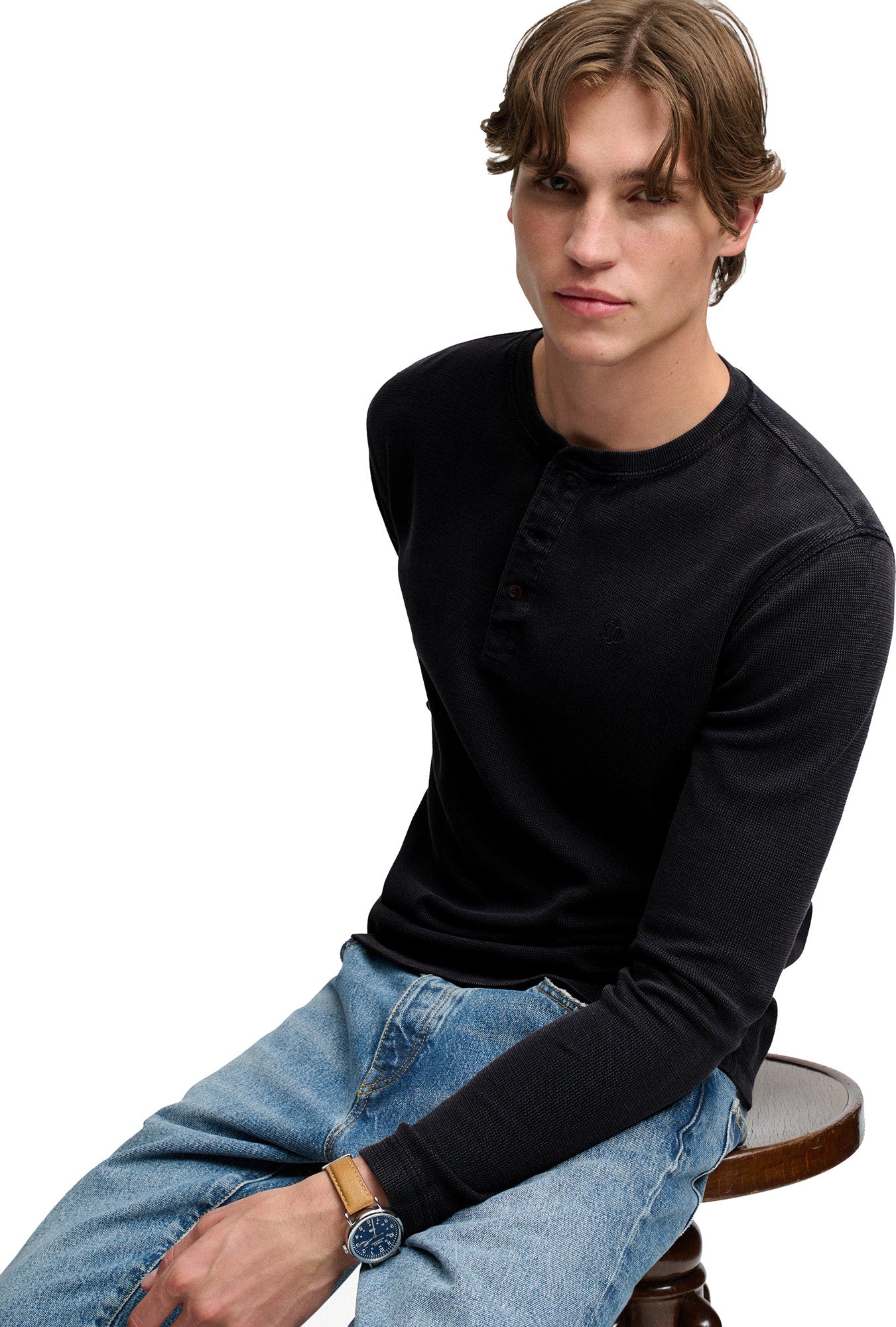 Superdry & Co Waffle Henley Langarmshirt blau M Abbildung 4