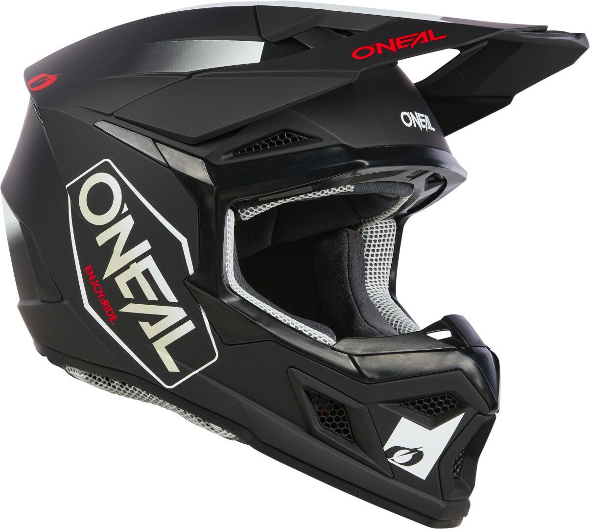 Side view of Oneal 3SRS Hexx Black/White/Red Motocross Helmet