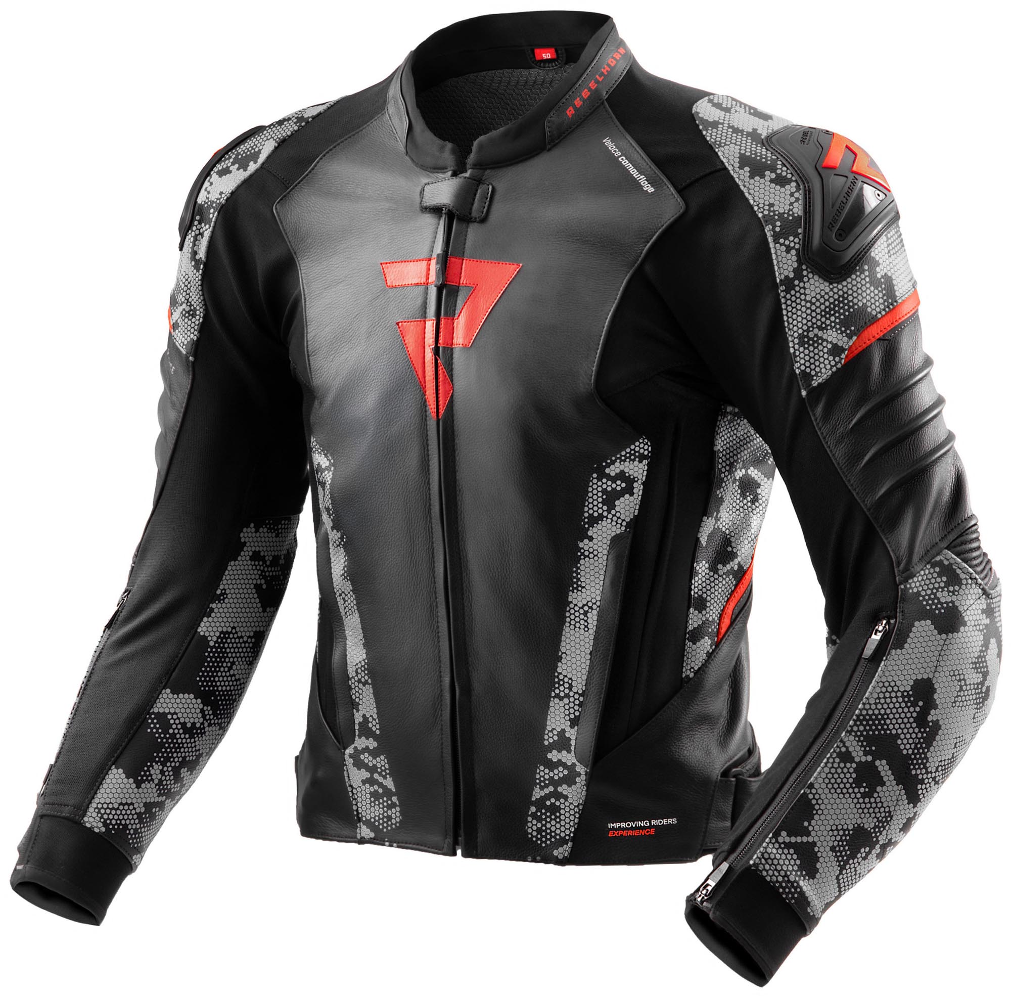 Rebelhorn Veloce Camo Motorcycle Leather Jacket black/grey/red 56 Figure 1