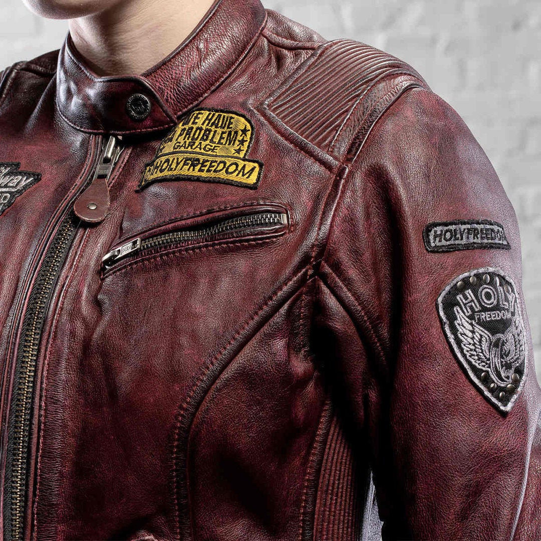 HolyFreedom Zero Dames Motorfiets Lederen Jas Bordeauxrood S Figuur 8