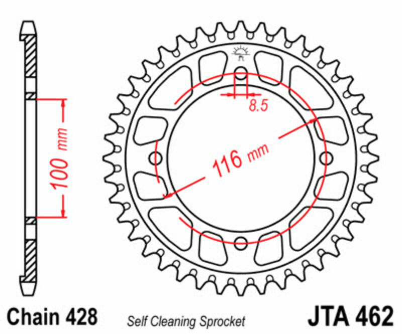 JT-DRIVHJUL Aluminium Ultralätt självrengörande bakdrev 462 - 428 Figur 2