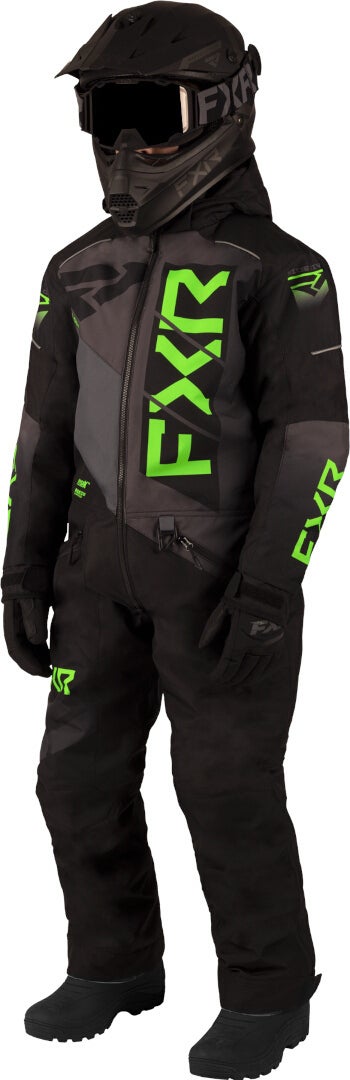 FXR Helium 2023 ユースワンピーススノーモービルスーツ 黒/緑 14 図1