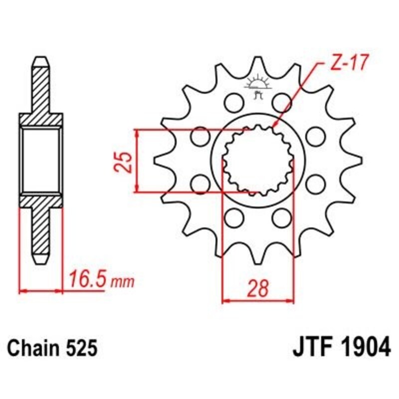JT SPROCKETS Stålbullerfri främre kedjehjul - 525 Figur 1