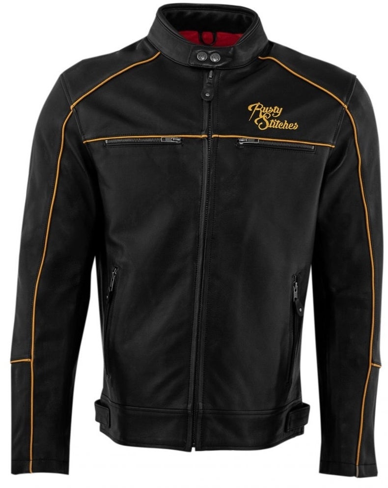 Rusty Stitches Chase Motorcycle Leather Jacket black/gold 4XL Figure 1