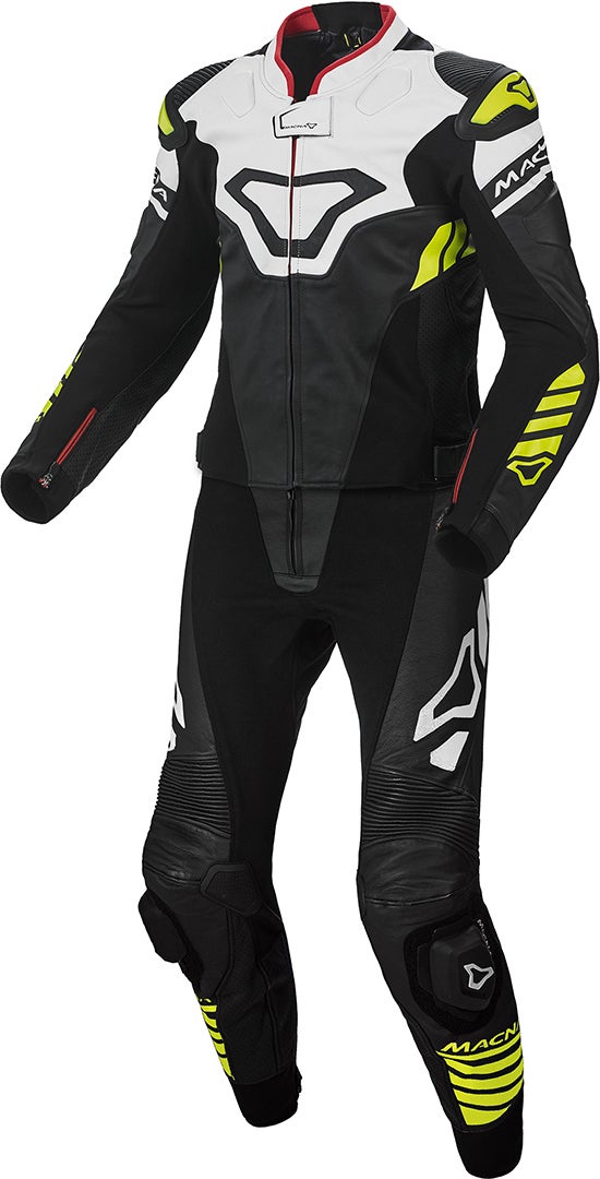 Macna Tracktix Two Piece perforated Motorcycle Leather Suit black/white/yellow 54 Figure 1