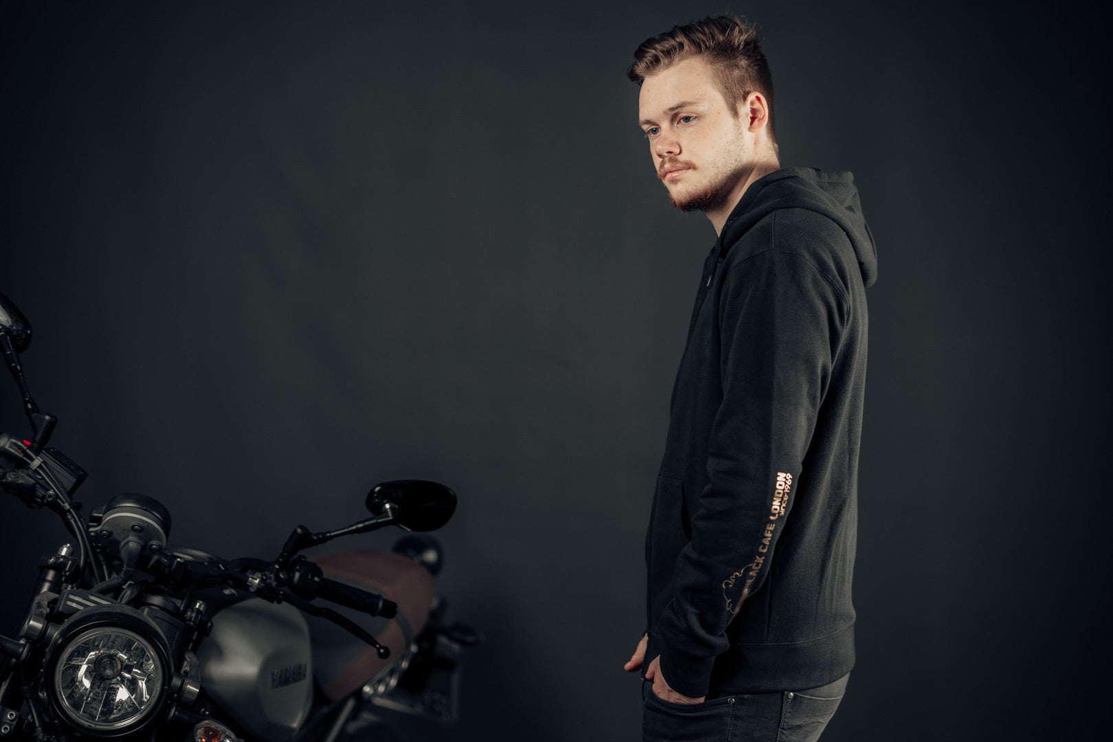 Side view of Black-Cafe London Retro Stripe Zip Hoodie