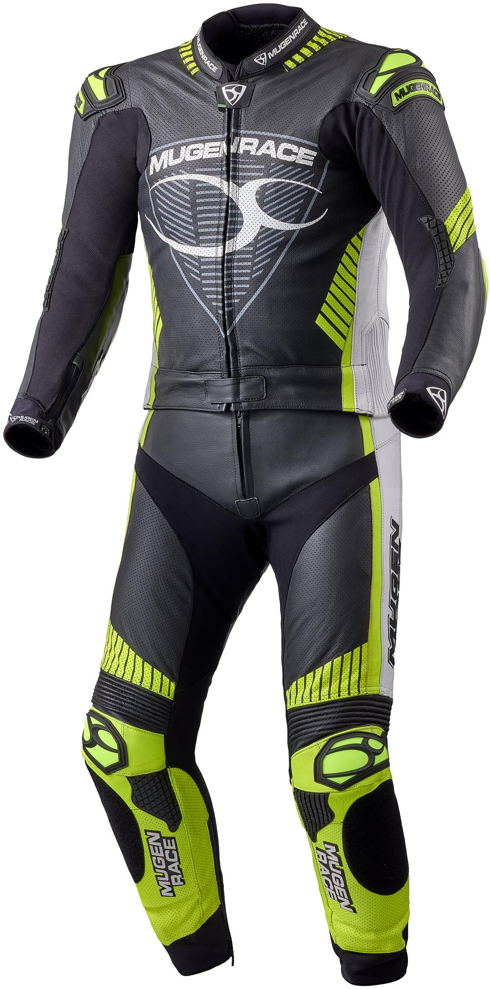 MUGENRACER Impegnato perforerad tvådelad motorcykel läder kostym svart/vit/neongul 54 Figur 1