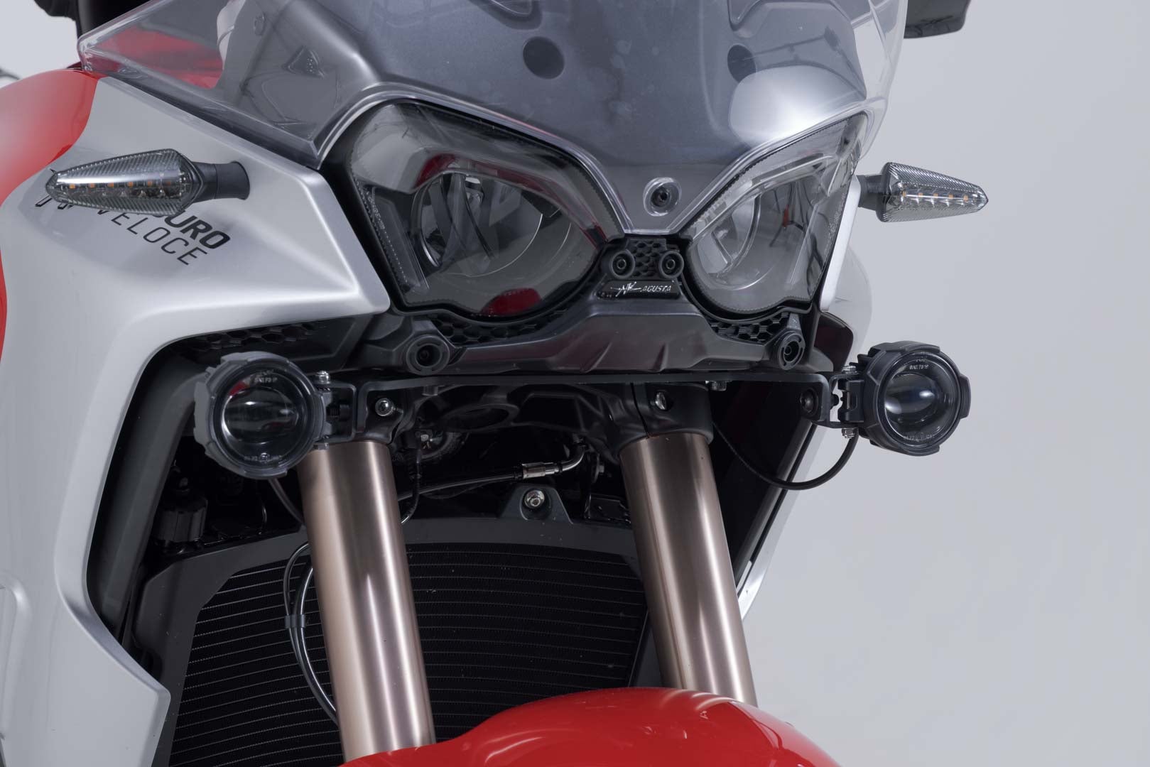 Side view of SW-Motech EVO fog light kit - Black. MV Agusta Enduro Veloce (24-).