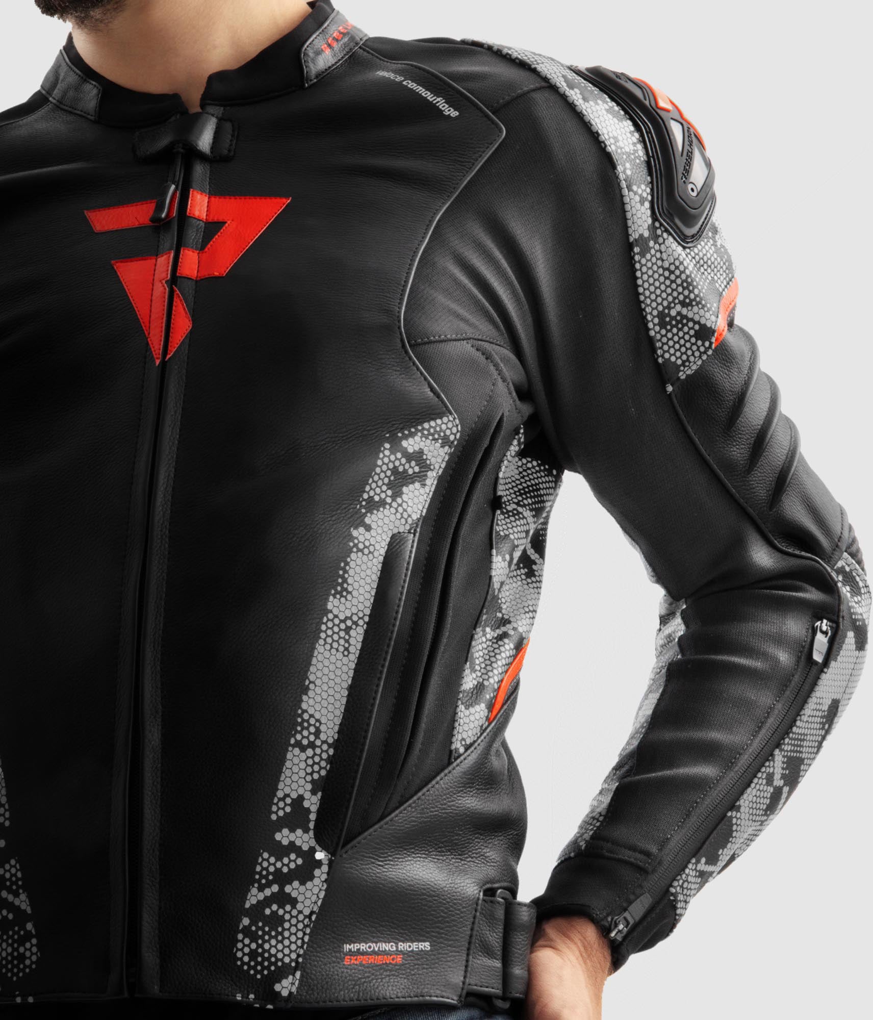 Rebelhorn Veloce Camo Motorcycle Leather Jacket black/grey/red 56 Figure 9