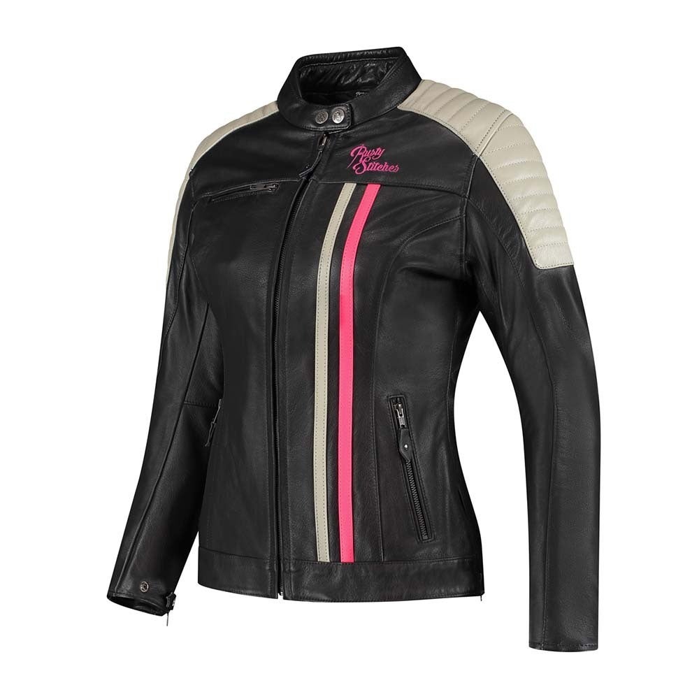 Rusty Stitches Alice Chaqueta de cuero de moto para mujer negro/gris/rosa 38 Figura 1