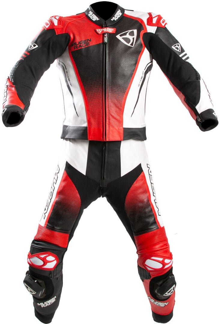 MUGENRACE Sidegun perforated Two Piece Motorcycle Leather Suit black/white/red 58 Figure 1