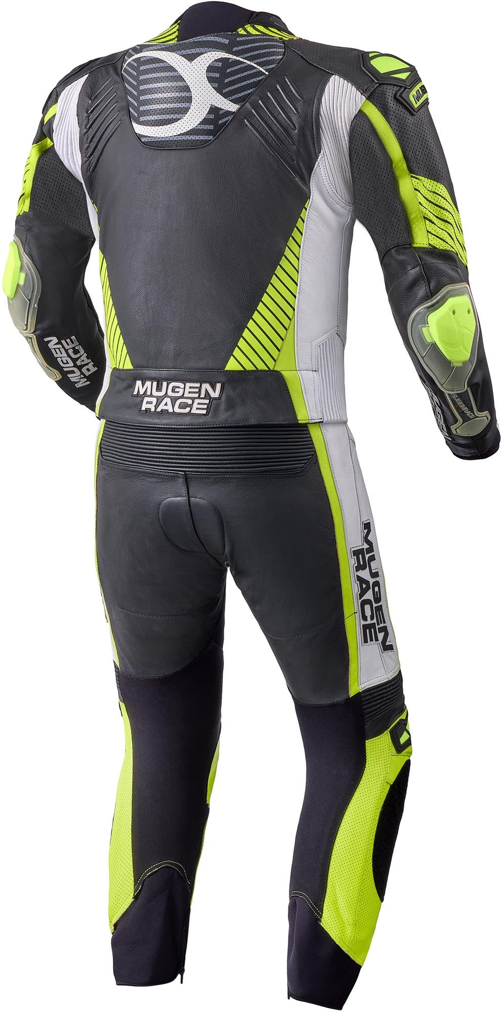 MUGENRACER Impegnato Geperforeerd tweedelig motorfiets lederen pak zwart/wit/neon-geel 62 Figuur 2