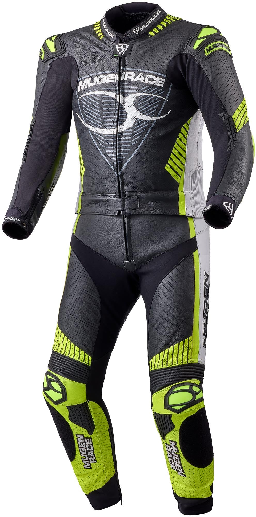 MUGENRACER Impegnato perforated Two Piece Motorcycle Leather Suit black/white/neon-yellow 60 Figure 1