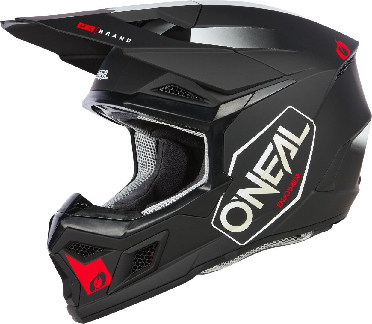 Side view of Oneal 3SRS Hexx Black/White/Red Motocross Helmet