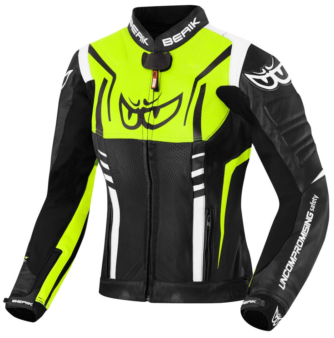 Berik Striper Ladies Motorcycle Leather Jacket black/white/neon-yellow 44 Figure 1