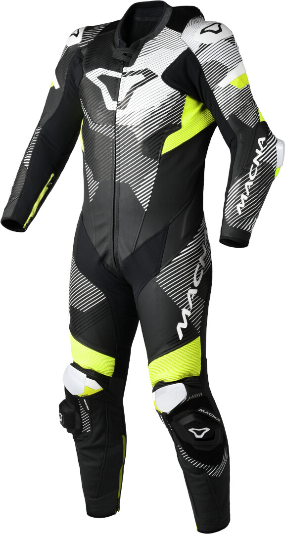 Macna Ignite geperforeerd eendelig motorfiets lederen pak zwart/wit/neon-geel 58 Figuur 1