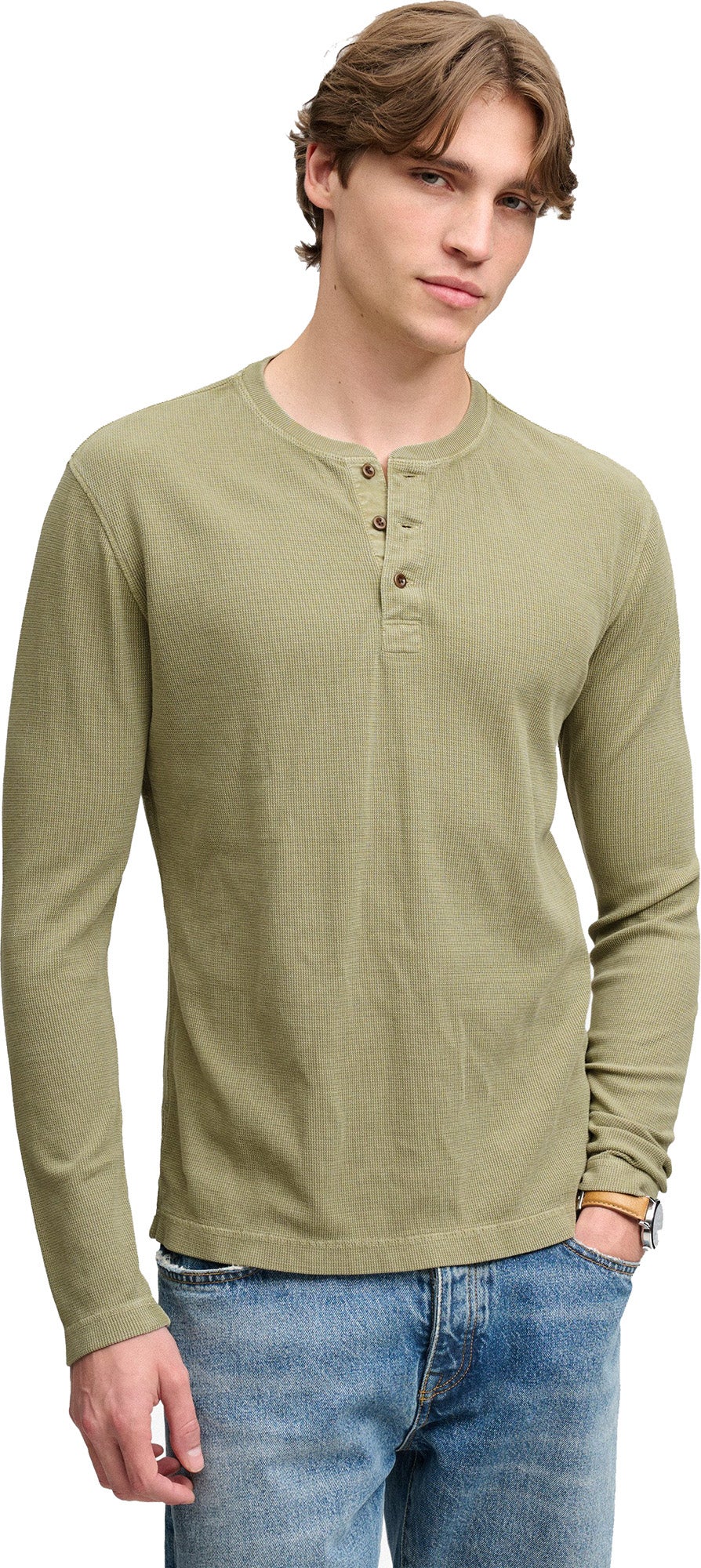 Superdry & Co Waffle Henley Langarmshirt helles khaki L Abbildung 5