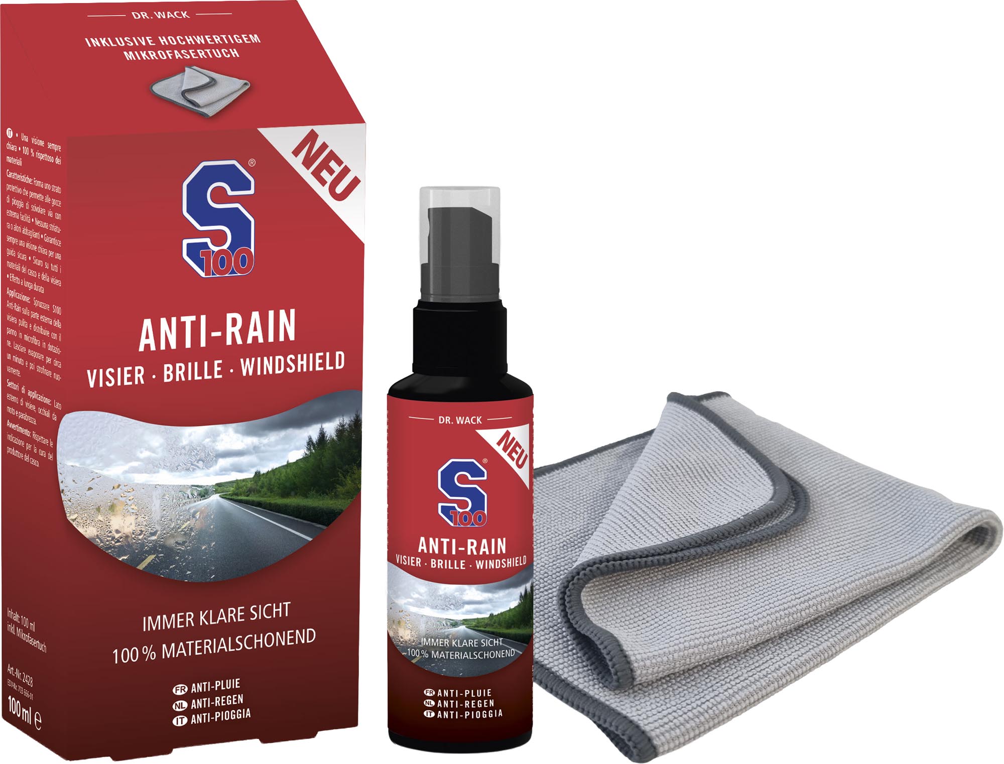 S100 Anti-Rain Spray pentru vizor 100 ml, inclusiv cârpă din microfibră Figura 1