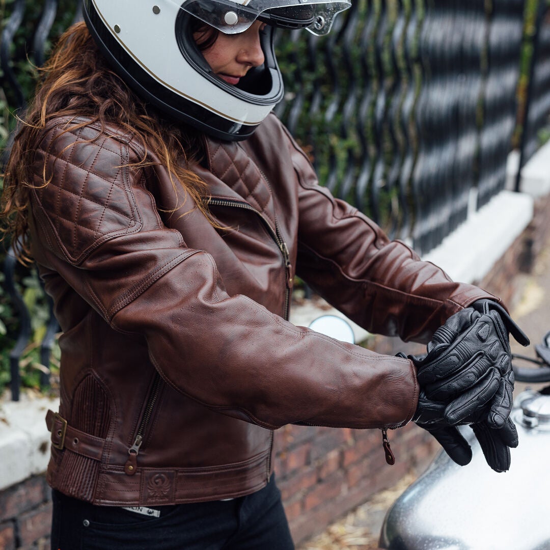 Merlin Bristol D3O Cafe Ladies Motorcycle Leather Jacket brown L Figure 8