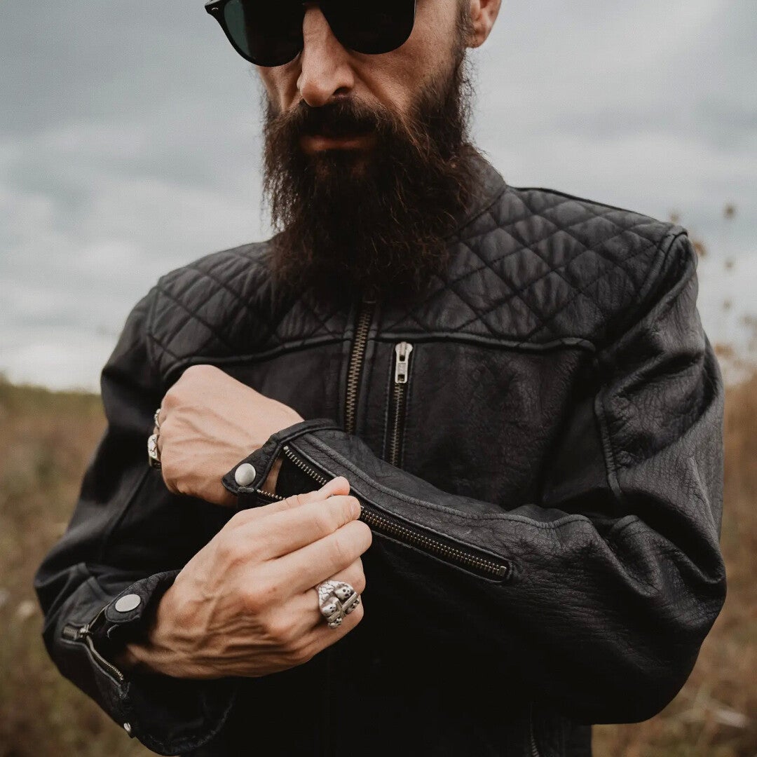 Side view of HolyFreedom Burn Out Black Motorcycle Leather Jacket