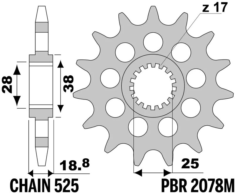 PBR Stålstandard framdrivna kedjehjul - 525 Figur 1